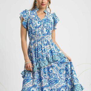 NWT Umgee Ruffled Paisley Tiered Midi Dress – Blue Mix